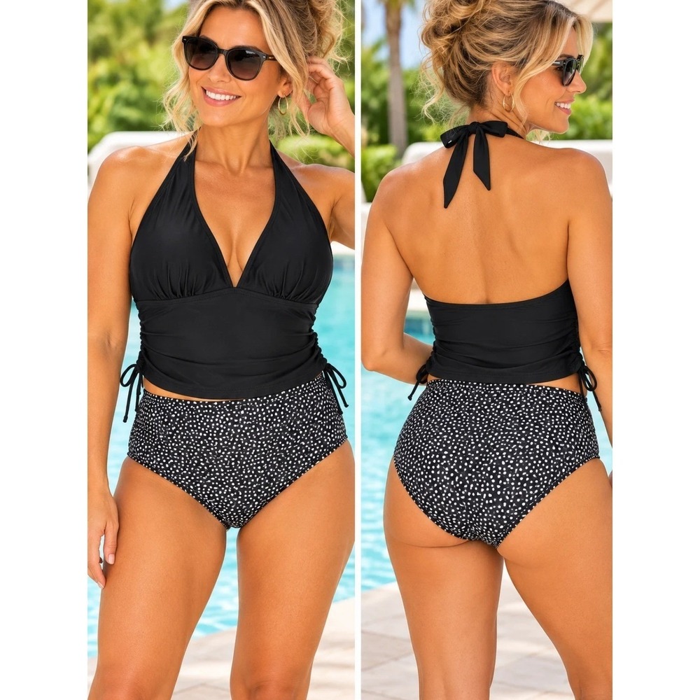 Black Polka Dot Tankini Two Piece Swimsuit Halter High Waist Set M
